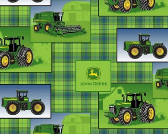 John Deere Cotton Fabric,  Plaid Green 100% Cotton Licensed Fabric, Combines and Tractors by the Yard, Half Yard, Genuine John Deere Fabric