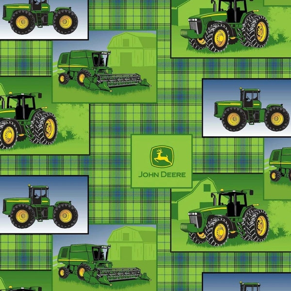 John Deere Cotton Fabric,  Plaid Green 100% Cotton Licensed Fabric, Combines and Tractors by the Yard, Half Yard, Genuine John Deere Fabric