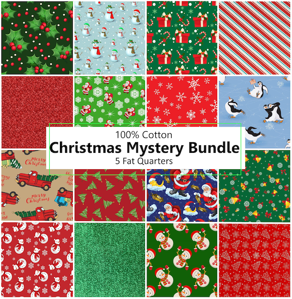 Christmas Cotton Fabric Fat Quarter Bundle, Mystery Prints, 5 Piece