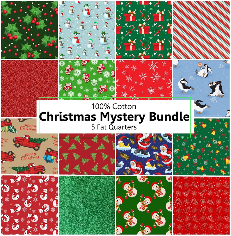 May include: A Christmas fabric bundle with 100% cotton fat quarters. The bundle includes 12 different Christmas themed prints, including snowmen, penguins, Santa Claus, and Christmas trees. The bundle is perfect for quilting, crafting, and other sewing projects.