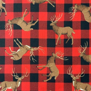Deer Buffalo Plaid Red Cotton Fabric, Buffalo Check Black and Red 100% Cotton Fabric by the Yard, Half Yard, Quarter Yard, Cabin DIY Fabric