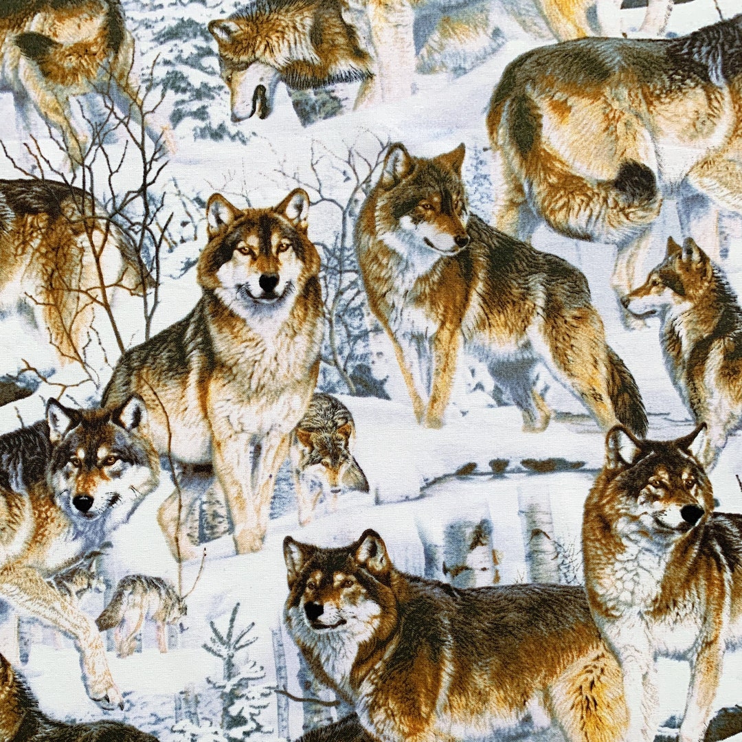 Wolves in the Snow 100 Cotton Fabric, Quilting Weight Fabric for Home