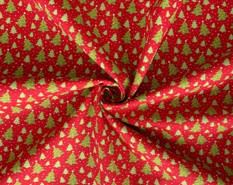 Christmas Trees on Red, Christmas Fabric by the Yard and Half Yard, 100% Cotton, Quilting Cotton, Apparel & Craft Fabric, 1st Quality Fabric