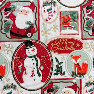 100% Cotton Fabric, Merry Christmas Santa & Snowmen, Quilting Cotton, Fabric by the Yard and Half Yard, Old Fashion Christmas Fabric