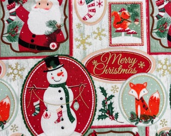 Christmas Cotton Fabric, Santa Snowmen Fox Print, Quilting Fabric