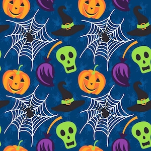 Creepy Things Blue Cotton Fabric, Halloween Fabric by the Yard, Half Yard, 100% Cotton, Quilting Cotton, Apparel & Craft Fabric, 1st Quality