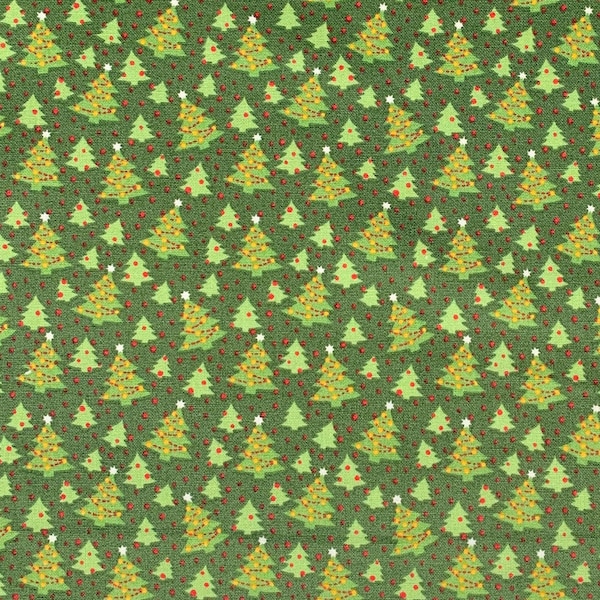 Christmas Trees on Green, Cotton Fabric by the Yard and Half Yard, 100% Cotton, Quilting Cotton, Apparel & Craft Fabric, 1st Quality Fabric