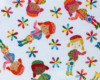 Girl Power Cotton Fabric, Tossed Girls and Flowers, White Quilting Fabric