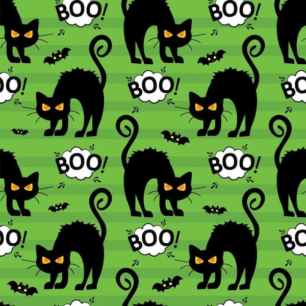 Angry Cats on Green Cotton Fabric, Halloween Fabric by the Yard and Half Yard, 100% Cotton, Quilting Cotton,  Craft Fabric, 1st Quality