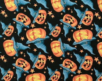 Jack-O-Lantern Halloween Cotton Fabric, Witches Hats, Black