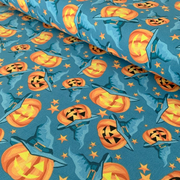 Jack-O-Lantern on Blue 100% Cotton Fabric, Halloween Fabric by the Yard and Half Yard,  Quilting Cotton, Apparel & Craft Fabric, 1st Quality