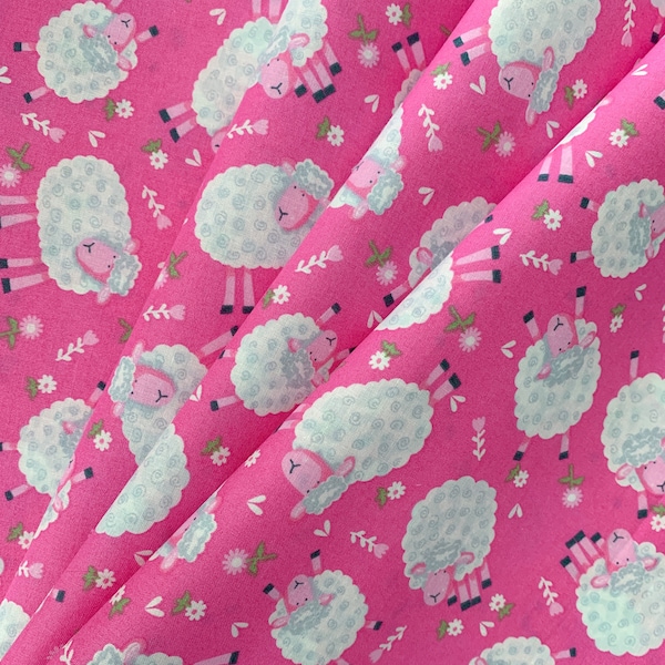 Sheep on Pink Cotton Fabric, 100% Soft Lightweight Cotton Fabric, White Sheep Scattered on Pink Floral, Apparel, Quilting, and Craft Fabric