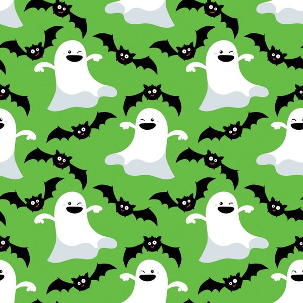 Ghostly Allover in Green Cotton Fabric, Halloween Fabric by the Yard and Half Yard, 100% Cotton, Quilting Cotton,  Craft Fabric, 1st Quality