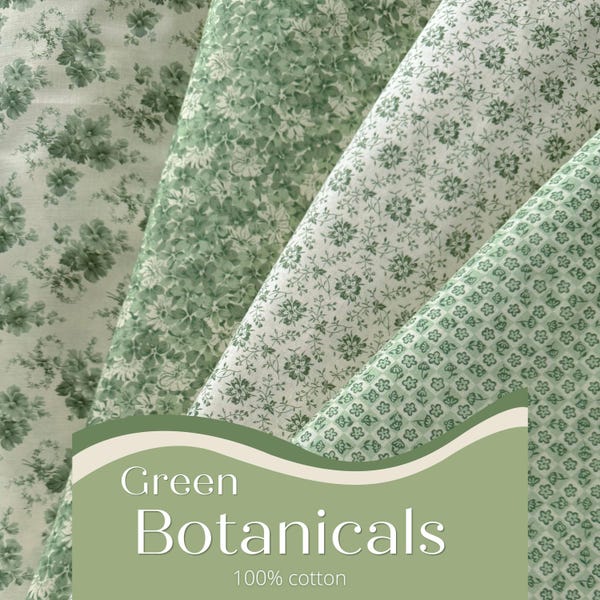 Green Floral Cotton Fabric, Botanicals Hope Chest, Quilting Fabric