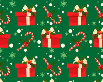 Christmas Fabric, Candy Canes Gifts on Green, Christmas Fabric by the Yard and Half Yard, 100% Cotton, Quilting Weight Cotton, 1st Quality