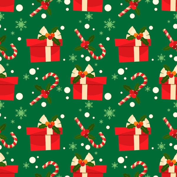 Christmas Fabric, Candy Canes Gifts on Green, Christmas Fabric by the Yard and Half Yard, 100% Cotton, Quilting Weight Cotton, 1st Quality