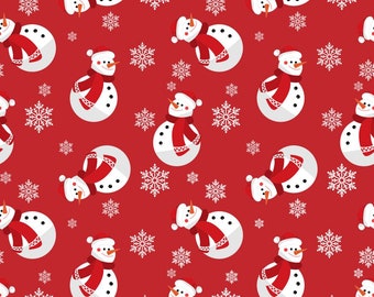 Smiling Snowmen on Red 100% Cotton Fabric, 1st Quality Christmas Fabric, Quilting Cotton, Craft Material, Home Decor, 45 Inch Wide