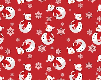 Smiling Snowmen on Red 100% Cotton Fabric, 1st Quality Christmas Fabric, Quilting Cotton, Craft Material, Home Decor, 45 Inch Wide