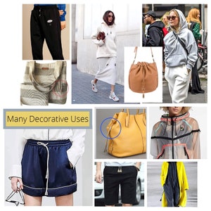 May include: A collage of images showcasing different ways to use drawstrings. The images include a pair of black sweatpants with a white drawstring, a white hoodie with a white drawstring, a brown leather bucket bag with a drawstring closure, a pair of blue shorts with a white drawstring, a yellow leather tote bag with a blue drawstring, a clear raincoat with a black drawstring, and a pair of black shorts with a silver drawstring. The text "Many Decorative Uses" is also included in the collage.