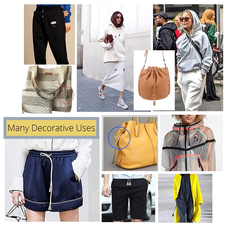 May include: A collage of images showcasing different ways to use drawstrings. The images include a pair of black sweatpants with a white drawstring, a white hoodie with a white drawstring, a brown leather bucket bag with a drawstring closure, a pair of blue shorts with a white drawstring, a yellow leather tote bag with a blue drawstring, a clear raincoat with a black drawstring, and a pair of black shorts with a silver drawstring. The text "Many Decorative Uses" is also included in the collage.
