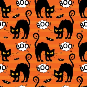 Angry Cats on Orange Cotton Fabric, Halloween Fabric by the Yard, Half Yard, 100% Cotton, Quilting Cotton, Apparel & Craft Fabric,