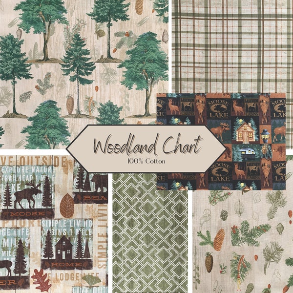 Woodland Chart Fabric Collection by David Textiles, 100% Cotton Fabric, Home Decorating, Quilting, Craft Fabric, Cabin Camping Theme Fabric