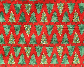 Gnome Christmas Trees Fabric, 100% Premium Cotton Fabric, Christmas Trees on Red Holiday Quilting Fabric, Apparel, Craft, & Quilting Cotton