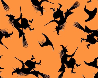 May include: A seamless pattern featuring black silhouettes of witches flying on broomsticks against an orange background. The witches are wearing pointed hats and flowing robes.