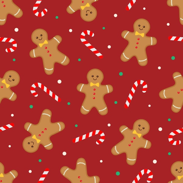 Gingerbread Dance on Red 100% Cotton Fabric, 1st Quality Christmas Fabric, Quilting Cotton, Craft Material, Home Decor, 45 Inch Wide