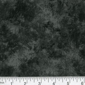May include: A dark grey fabric featuring a mottled, cloud-like pattern with varying shades of charcoal and black. A white measuring tape is positioned along the bottom edge, showing a scale of 15 centimetres for reference of the fabric texture.