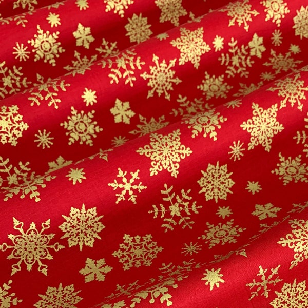 Gold Snowflakes on Red Christmas Fabric by the Yard and Half, 100% Cotton Fabric, Merry Christmas Metallic Red, Apparel and Quilting Cotton