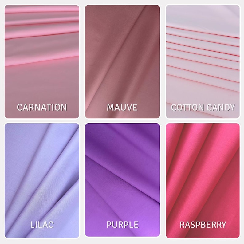 Puede incluir: Una cuadr&iacute;cula de seis muestras de tela en varios tonos de rosa y morado. Los colores est&aacute;n etiquetados como Carnation, Mauve, Cotton Candy, Lilac, Purple y Raspberry. Cada muestra muestra la textura suave y plegada del material textil.