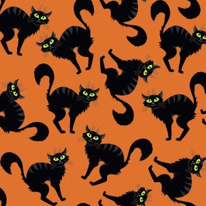 Creepy Cats in Orange Halloween Fabric by the Yard, Half Yard, 100% Cotton, Quilting Cotton, Apparel & Craft Fabric, 1st Quality