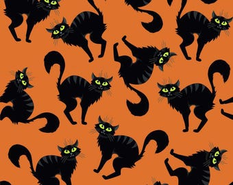 Creepy Cats Halloween Fabric, Orange Cotton Quilting Fabric
