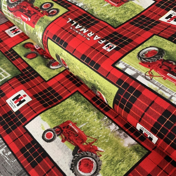 Farmall Tractor 100% Cotton Fabric, by Sykel Enterprises, McCormick Vintage Tractors on Red Plaid, Sold by the Yard, Half Yard, Quarter Yard