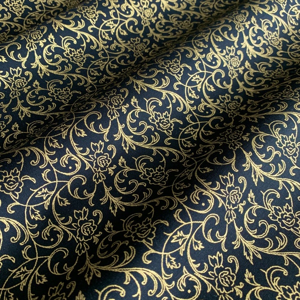 Black & Gold Vinery Christmas Fabric by the Yard and Half, Black and Gold 100% Cotton Fabric, Merry Christmas Metallic Black,