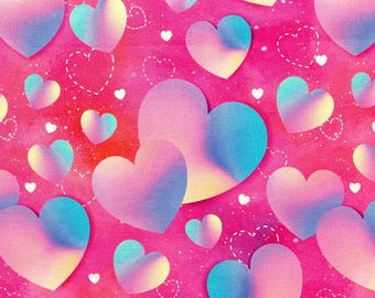 Rainbow Hearts Cotton Fabric, Pink Ombre Print by David Textiles