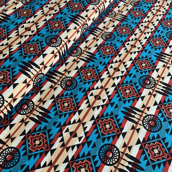 Aztec Design Fabric in Green / Red / Blue / Gold