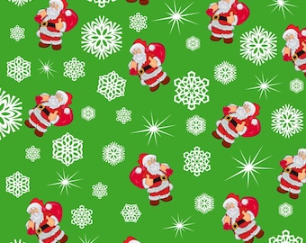 Santa Claus Christmas Fabric, Green Cotton Fabric, Snowflakes Print
