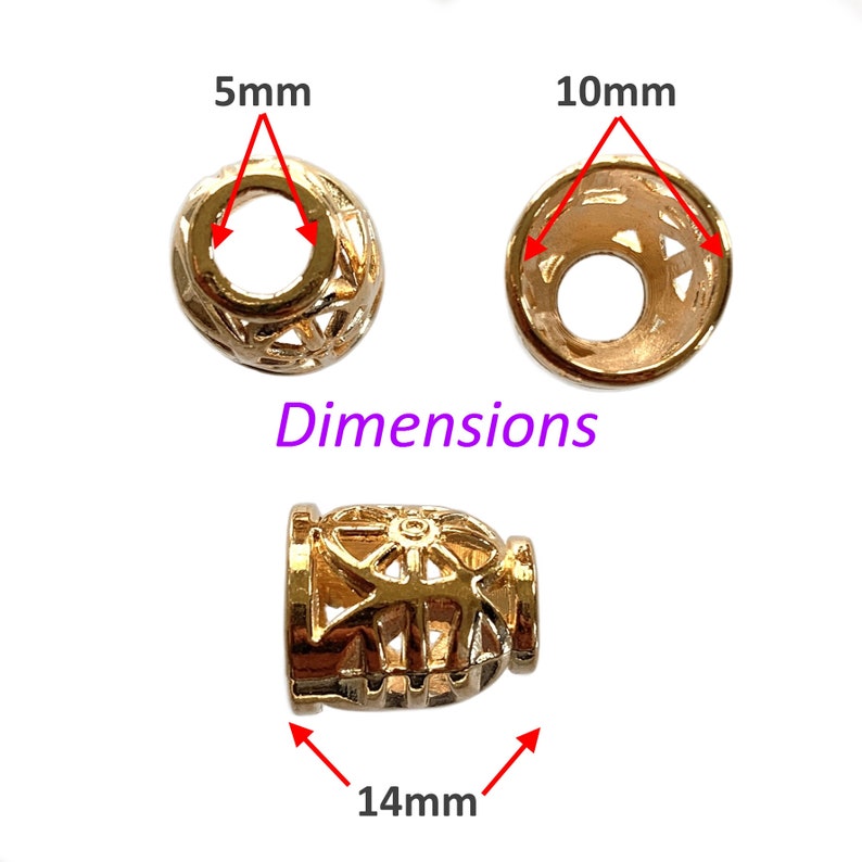 May include: Gold-toned metal bead with an intricate openwork design. The bead measures 10 mm in diameter and 14 mm in height.  Dimensions are shown in the image.