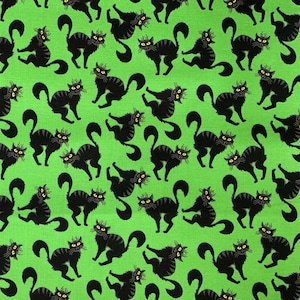 Creepy Cats on Green Cotton Fabric, Halloween Fabric by the Yard and Half Yard, 100% Cotton, Quilting Cotton,  Craft Fabric, 1st Quality