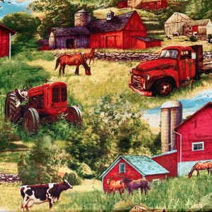 Barns & Trucks, by the Half Yard, Designed by Greg and Co. Sold By The Half Yard, 100% Quilting Weight Cotton Fabric with Farm Scene