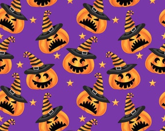 May include: A seamless pattern featuring orange pumpkins with black witch hats and black eyes on a purple background with yellow stars.