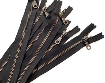 14" YKK Black Metal Zipper, Antique Bronze Donut Pull, #4.5