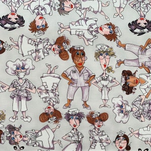 Nurses Tossed on Gray 100% Cotton Fabric, Loralie Designs Fabric, Premium Quality Fabric, Happy Hats, Sold By The Yard, Half Yard,