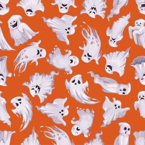 Tela de algodón 100 % con fantasmas espeluznantes en naranja, cortada a medida y media yarda, para Halloween, para acolchado, ropa y manualidades, de primera calidad.