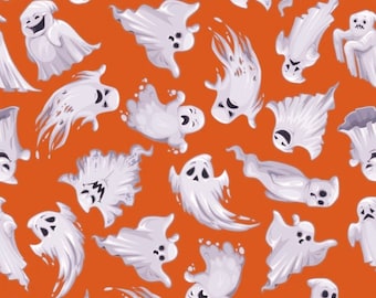 Eerie Ghosts on Orange Cotton Fabric, Halloween Quilting Fabric