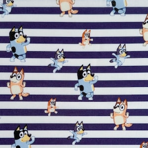 Bluey and Family Stripe Dance Cotton Fabric, NEW Disney Bluey Fabric with Bluey, Bandit, Chilli, and Bingo Licensed 100% Cotton Fabric