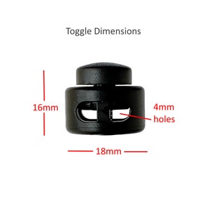 May include: Black plastic toggle with two 4mm holes. The toggle measures 16mm in height and 18mm in width. Toggle Dimensions.