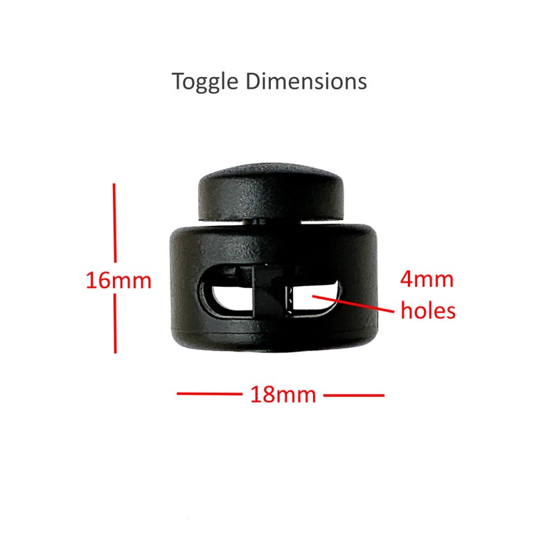 May include: Black plastic toggle with two 4mm holes. The toggle measures 16mm in height and 18mm in width. Toggle Dimensions.